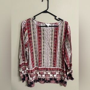 J Jill Red Paisley Tunic Top Size XL Rayon Long Sleeve Blouse Lightweight Shirt